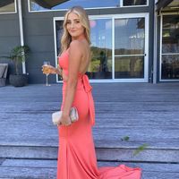Stunning Two Piece Coral Satin Long Prom Evening Dresses - Thumbnail 1