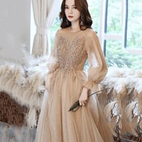 Cute tulle beads long prom dress A line evening dress - Thumbnail 1