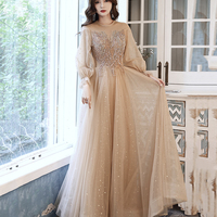 Cute tulle beads long prom dress A line evening dress - Thumbnail 3