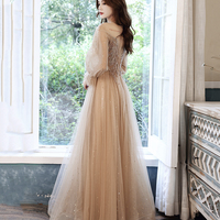 Cute tulle beads long prom dress A line evening dress - Thumbnail 4
