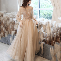 Cute tulle beads long prom dress A line evening dress - Thumbnail 5