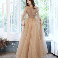 Cute tulle beads long prom dress A line evening dress - Thumbnail 2