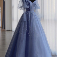 Blue tulle beads long prom dress blue evening dress - Thumbnail 4