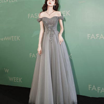 Gray tulle beads long prom dress gray evening dress - Thumbnail 1