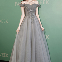 Gray tulle beads long prom dress gray evening dress - Thumbnail 1