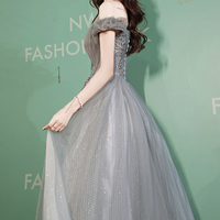 Gray tulle beads long prom dress gray evening dress - Thumbnail 3