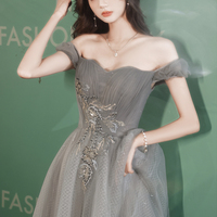 Gray tulle beads long prom dress gray evening dress - Thumbnail 5