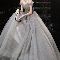 Gray tulle beads long prom dress gray evening dress - Thumbnail 8