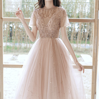 Cute tulle beads short prom dress A line party dress - Thumbnail 1