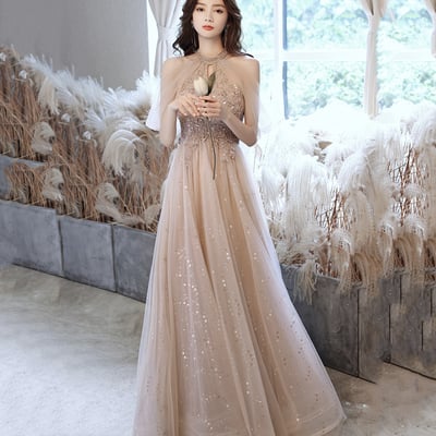 Stylish tulle sequins long prom dress a line evening dress - Thumbnail 3