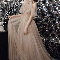 Stylish tulle sequins long prom dress A line evening dress - Thumbnail 2