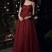 Burgundy tulle sequins long prom dress evening dress - Thumbnail 2