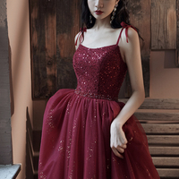 Burgundy tulle sequins long prom dress evening dress - Thumbnail 6