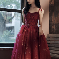 Burgundy tulle sequins long prom dress evening dress - Thumbnail 3