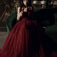 Burgundy tulle sequins long prom dress evening dress - Thumbnail 1