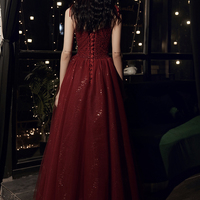 Burgundy tulle sequins long prom dress evening dress - Thumbnail 5
