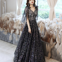 Black tulle sequins long prom dress black evening dress - Thumbnail 1