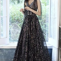 Black tulle sequins long prom dress black evening dress - Thumbnail 2