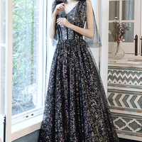 Black tulle sequins long prom dress black evening dress - Thumbnail 5