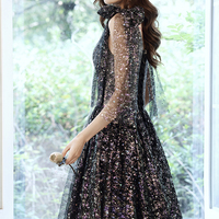 Black tulle sequins long prom dress black evening dress - Thumbnail 4