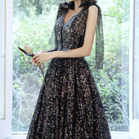 Black tulle sequins long prom dress black evening dress - Thumbnail 3