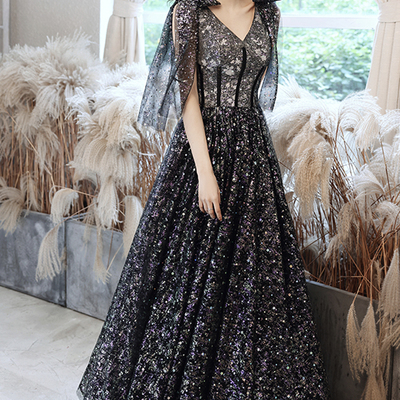 Black tulle sequins long prom dress black evening dress - Thumbnail 2