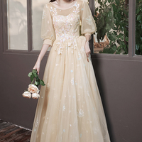 Champagne tulle lace long prom dress A line evening dress - Thumbnail 7