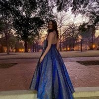 2022 Sparkly V Neck Royal Blue Satin Long Prom Dresses - Thumbnail 3