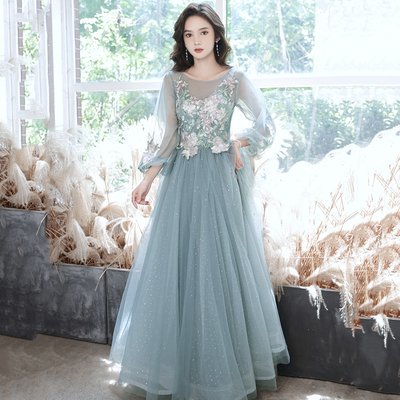 Blue tulle lace long prom dress blue evening dress - Thumbnail 2