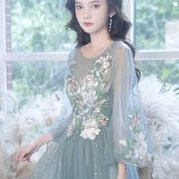 Blue tulle lace long prom dress blue evening dress - Thumbnail 2