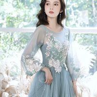 Blue tulle lace long prom dress blue evening dress - Thumbnail 3