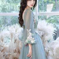 Blue tulle lace long prom dress blue evening dress - Thumbnail 4