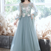 Blue tulle lace long prom dress blue evening dress - Thumbnail 6