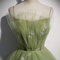 Green tulle long prom dress A line evening dress - Thumbnail 1