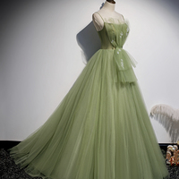 Green tulle long prom dress A line evening dress - Thumbnail 2