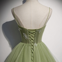 Green tulle long prom dress A line evening dress - Thumbnail 3