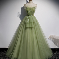 Green tulle long prom dress A line evening dress - Thumbnail 5