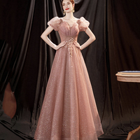 Pink tulle sequins long prom dress pink evening dress - Thumbnail 1