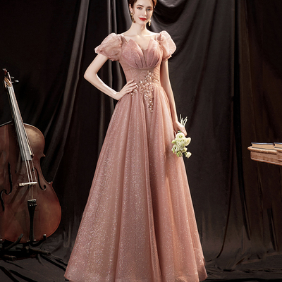 Pink tulle sequins long prom dress pink evening dress - Thumbnail 4