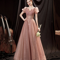 Pink tulle sequins long prom dress pink evening dress - Thumbnail 2