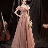 Pink tulle sequins long prom dress pink evening dress - Thumbnail 6