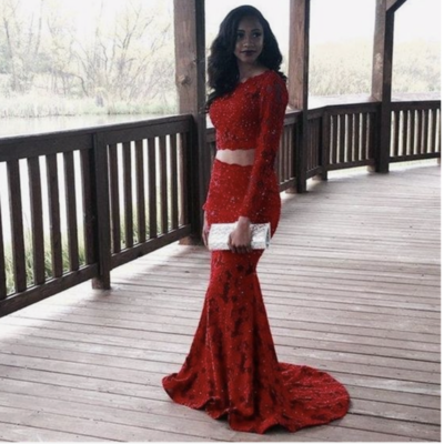Two piece red prom dresses with full sleeves - Thumbnail 4