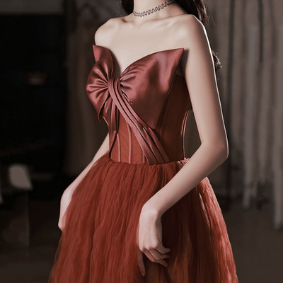 Burgundy satin tulle long prom dress a line evening dress - Thumbnail 3