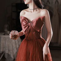Burgundy satin tulle long prom dress A line evening dress - Thumbnail 1
