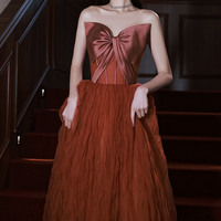 Burgundy satin tulle long prom dress A line evening dress - Thumbnail 2