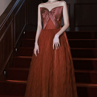 Burgundy satin tulle long prom dress A line evening dress - Thumbnail 3