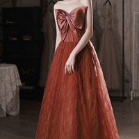 Burgundy satin tulle long prom dress A line evening dress - Thumbnail 4