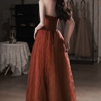 Burgundy satin tulle long prom dress A line evening dress - Thumbnail 5