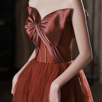 Burgundy satin tulle long prom dress A line evening dress - Thumbnail 7