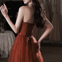 Burgundy satin tulle long prom dress A line evening dress - Thumbnail 6
